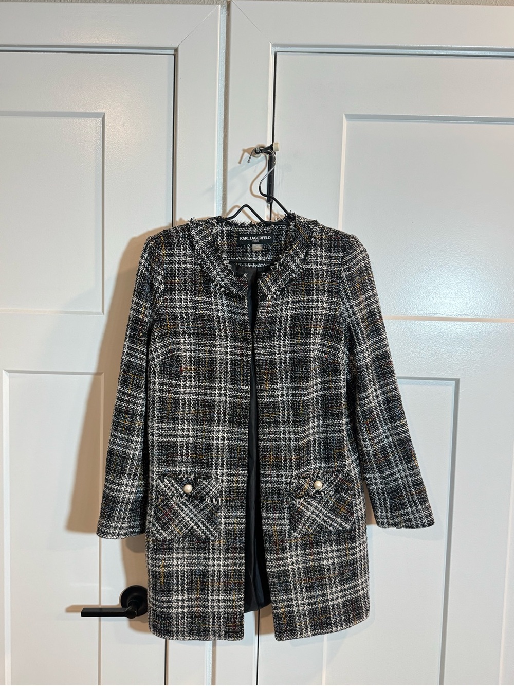 Karl Lagerfeld Black and White Plaid Tweed Blazer Coat